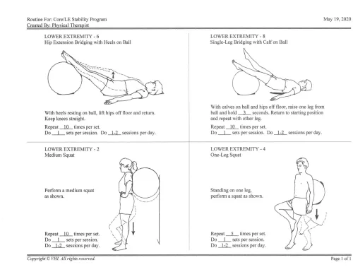 Core and lower extremity stability routine handout using an exercise ball: bridging, single-leg bridging, medium squat and one-leg squat