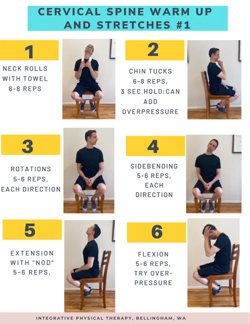 Neck range of motion routine handout: neck rolls with towel, chin tucks, rotations, sidebending, extension and flexion