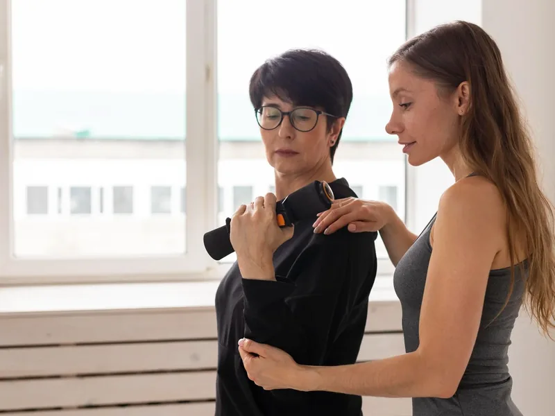 Patient working through guided mobility exercises with a therapist